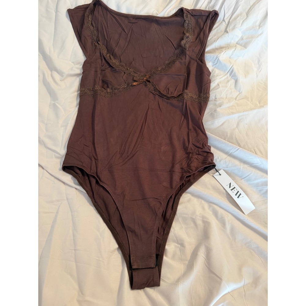 NEW Brown Lace Trim Sleeveless Bodysuit with Bow Detail Size M